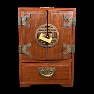 Vintage Chinese Dressing Case Jewelry Box Wood Brass Lined 4 Drawer